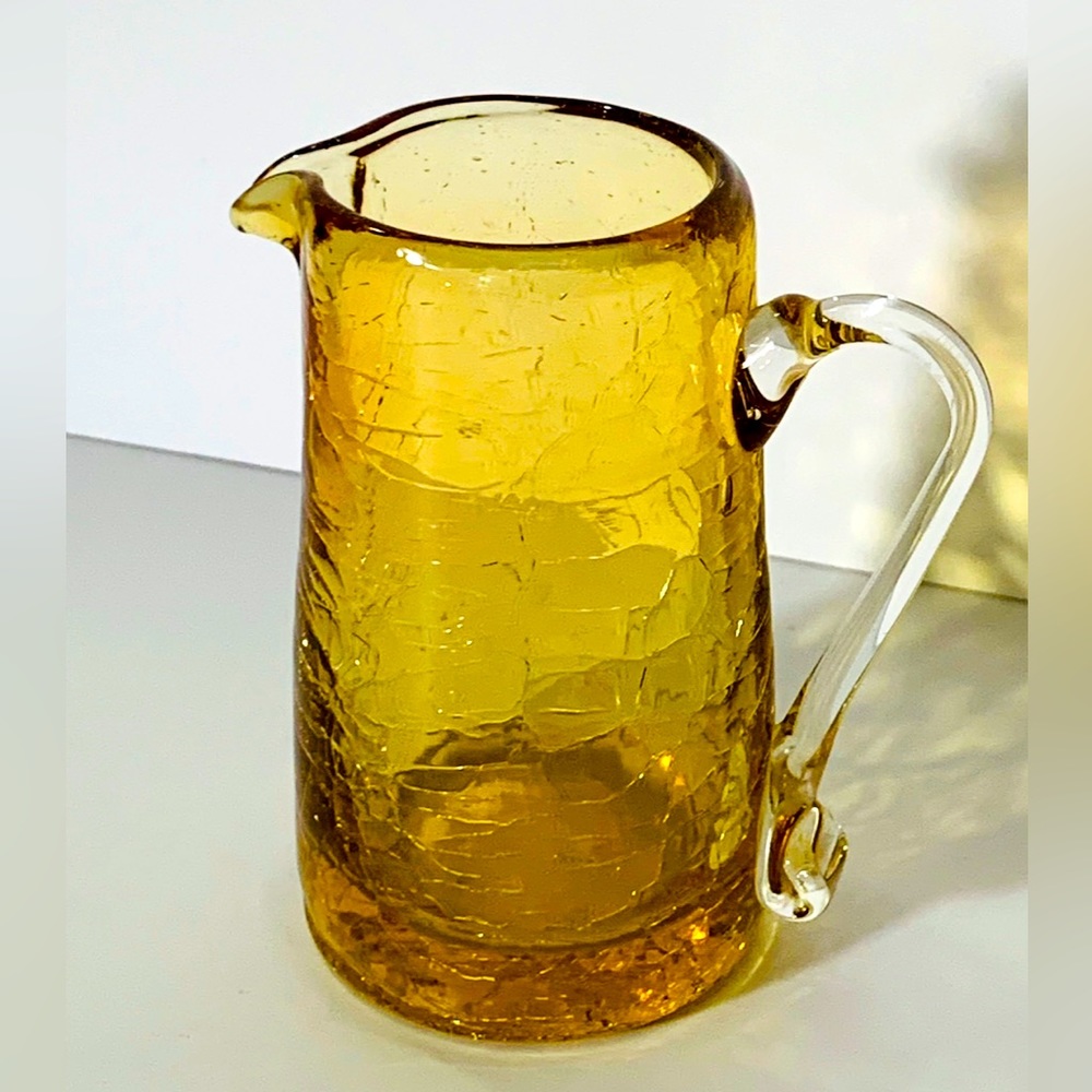Vintage Amber Handblown Crackle Glass Pitcher